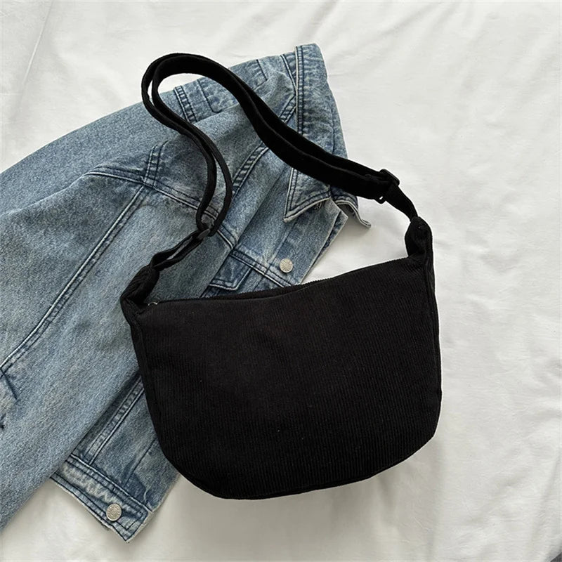 Corduroy Shoulder Bag Minimalist Crossbody Bag Women's Handbags Fashion Fabric Underarm Bag Solid Color Zipper Female Handbag - Tasawoq