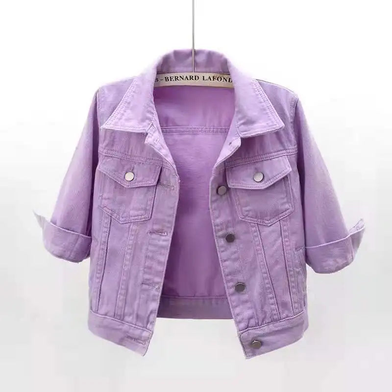 Women Denim Jacket Spring Autumn Short Coat Pink Jean Jackets Casual Tops Purple Yellow Purple Blue Loose Tops Lady Outerwear - Tasawoq