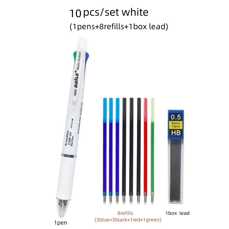 5 In 1 Multicolor Erasable Gel Pen with 4 Colors Replaceable Pen Refill 1 Automatic Pencil Lead Stationery School Writing Supply