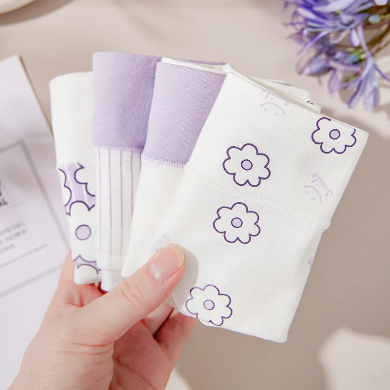 4Pcs/Set Cotton Panties Women High Waist Slimming Underwear Cute Print Young Girls Briefs Plus Size M-4XL Soft Female Lingerie - Tasawoq