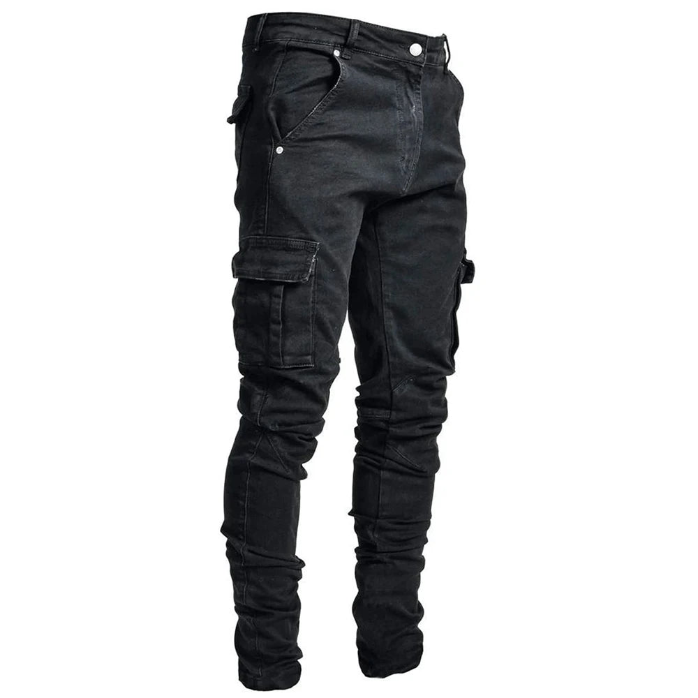 Street Elastic Jeans Men Denim Cargo Pants Wash Solid Color Multi Pockets Casual Mid Waist Trousers Slim Fit Daily Wear Joggers - Tasawoq