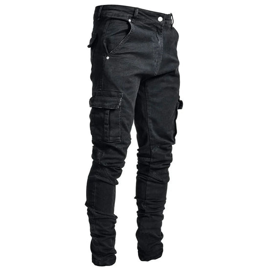 Street Elastic Jeans Men Denim Cargo Pants Wash Solid Color Multi Pockets Casual Mid Waist Trousers Slim Fit Daily Wear Joggers - Tasawoq