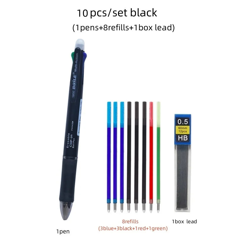 5 In 1 Multicolor Erasable Gel Pen with 4 Colors Replaceable Pen Refill 1 Automatic Pencil Lead Stationery School Writing Supply