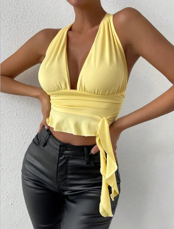 Women's Sexy Tight Fitting Deep V-neck Pleated Top Tight Fitting 2024 Spring Beach Resort Nightclub New Model Women's Sexy Tigh - Tasawoq