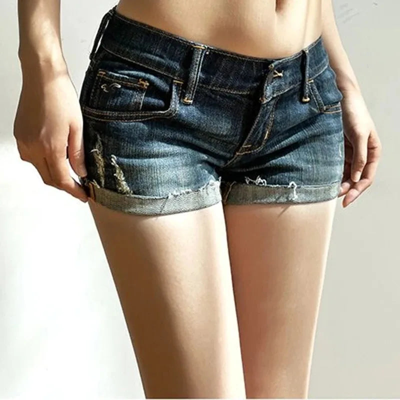 Summer New Women Korean Denim Shorts Pants Lady Low Waist Elastic Slim Fit Hot Pants Female Sexy Deep Blue Hip Wrapping Jeans - Tasawoq