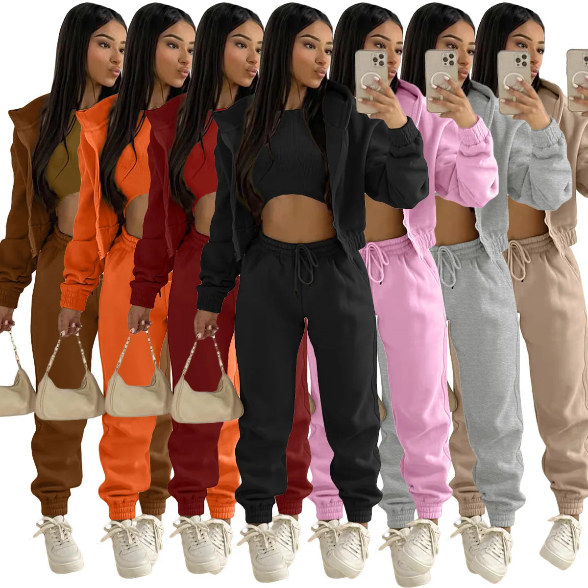 3pcs Women's Clothing Set Fleece-lined Hooded Sweater &Sleeveless Tank Top & Sports Sweatpants Pants - Tasawoq