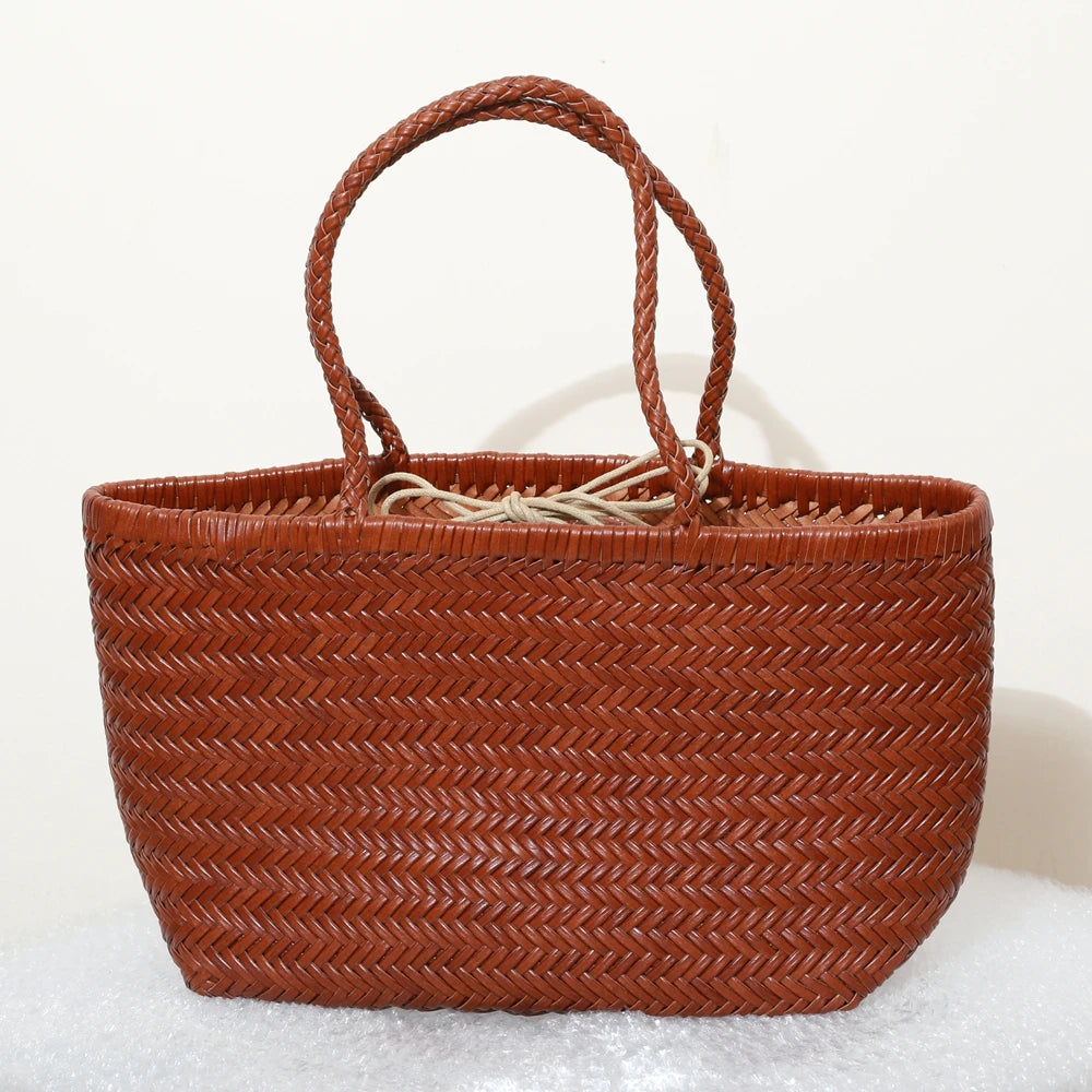 Handbags Women's Genuine Leather Shoulder Bag Weaving Casual Shopping Bag Vintage Big Tote Purse Cowhide Cross Hand Bags Lady - Tasawoq