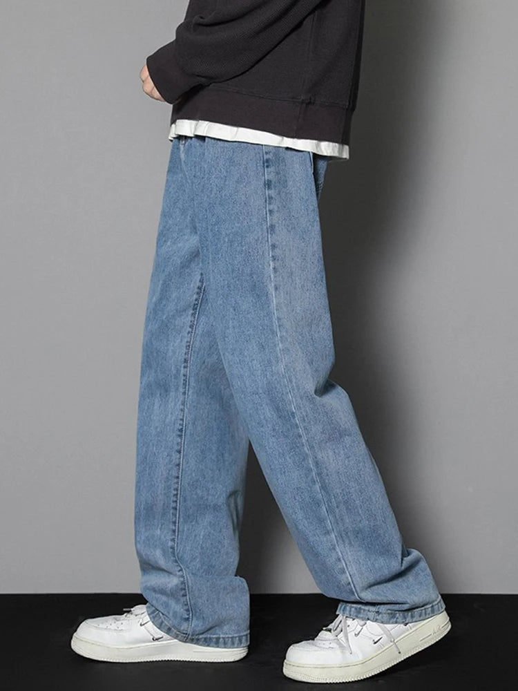 2025 New Korean Men's Casual Long Jeans Classic Man Straight Denim Wide-leg Pants Solid Color Light Blue Grey Black - Tasawoq
