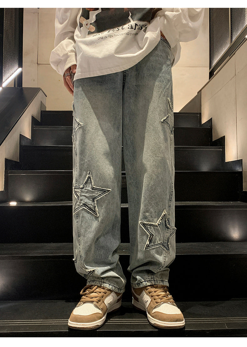 Star Embroidery Straight Casual Men Jeans Gothic Neutral New Wide Leg Loose Hip-hop Fashion Youth Streetwear Denim Trousers Y2K - Tasawoq