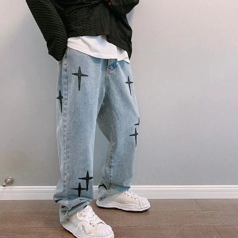 Prints Jeans Men 2023 New Streetwear Baggy Wide Leg Jeans Korean Fashion Drapes Straight Casual Loose Denim Cargo Pants - Tasawoq