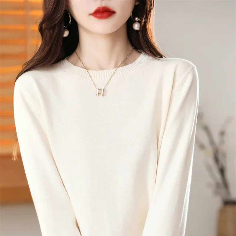 Women's 100% High-quality Cotton Knitted Sweater, Temperament Round Neck Top, Breathable And Versatile Pullover, Long Sleeved - Tasawoq