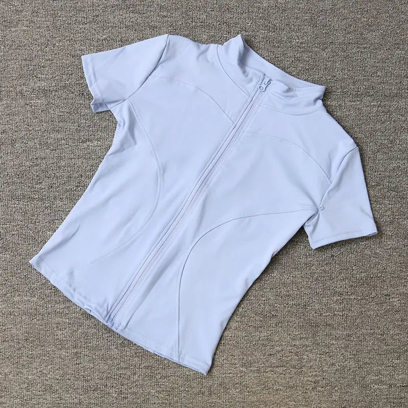 Summer High Quality Waist Slimming Training Tops Women's Quick-drying Tight Stand Collar Full Zipper Short Sleeves Yoga shirts - Tasawoq