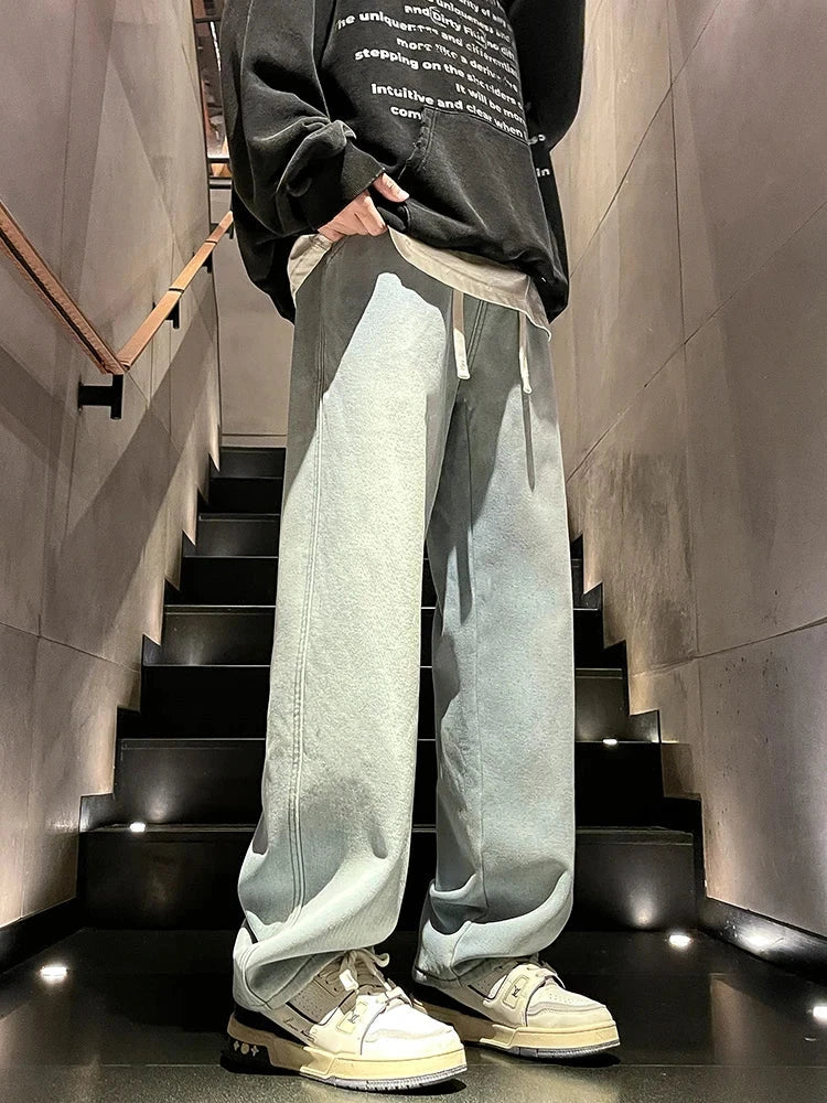 Winter Men's Jeans Korean Fashion Fleece Liner Thick Warm Straight Denim Pants Washed Cotton Retro Blue Wide Leg Jean Trousers - Tasawoq