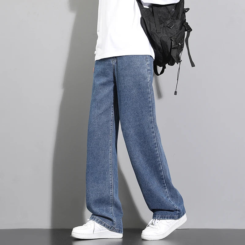 2025 New Korean Men's Casual Long Jeans Classic Man Straight Denim Wide-leg Pants Solid Color Light Blue Grey Black - Tasawoq