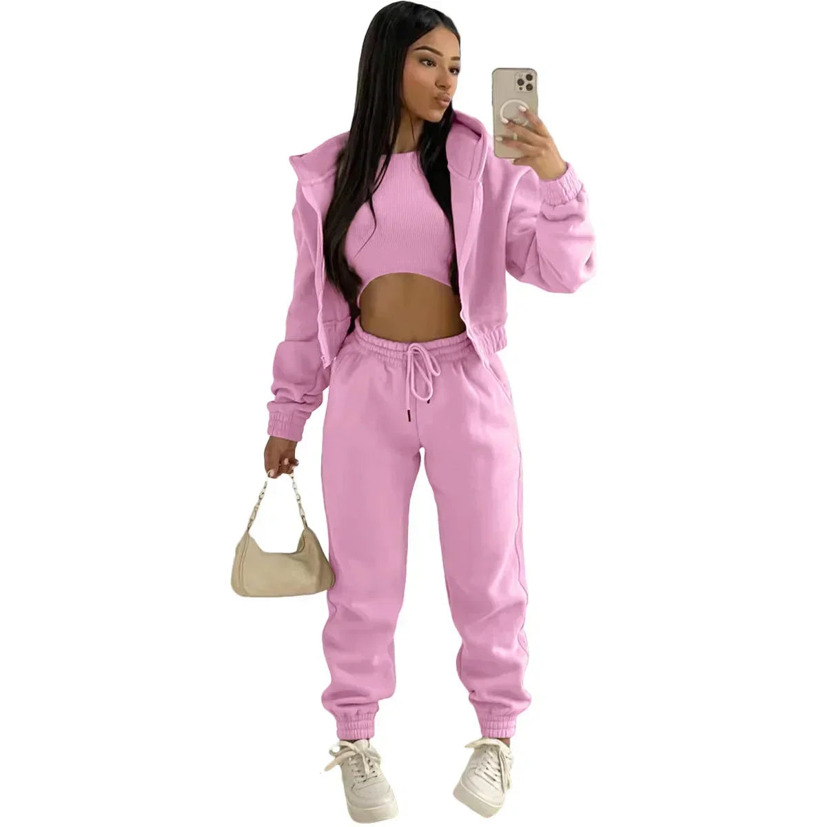 3pcs Women's Clothing Set Fleece-lined Hooded Sweater &Sleeveless Tank Top & Sports Sweatpants Pants - Tasawoq