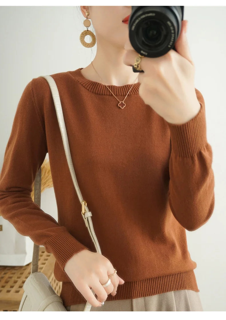 Women's 100% High-quality Cotton Knitted Sweater, Temperament Round Neck Top, Breathable And Versatile Pullover, Long Sleeved - Tasawoq