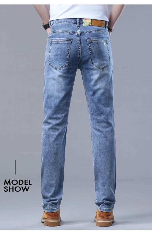 Spring Men's Light Blue Slim Jeans Stylish Casual Stretch Fabric Denim Pants Classic Trousers Smoke Gray - Tasawoq