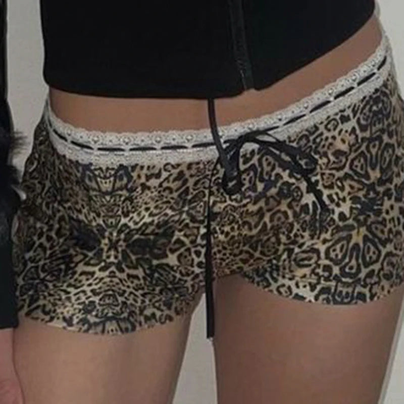 CIBBAR Hot Sexy Leopard Print Shorts Streetwear y2k Lace Patchwork Bow Low Rise Skinny Short Pants Women Vintage 2000s Clothing - Tasawoq