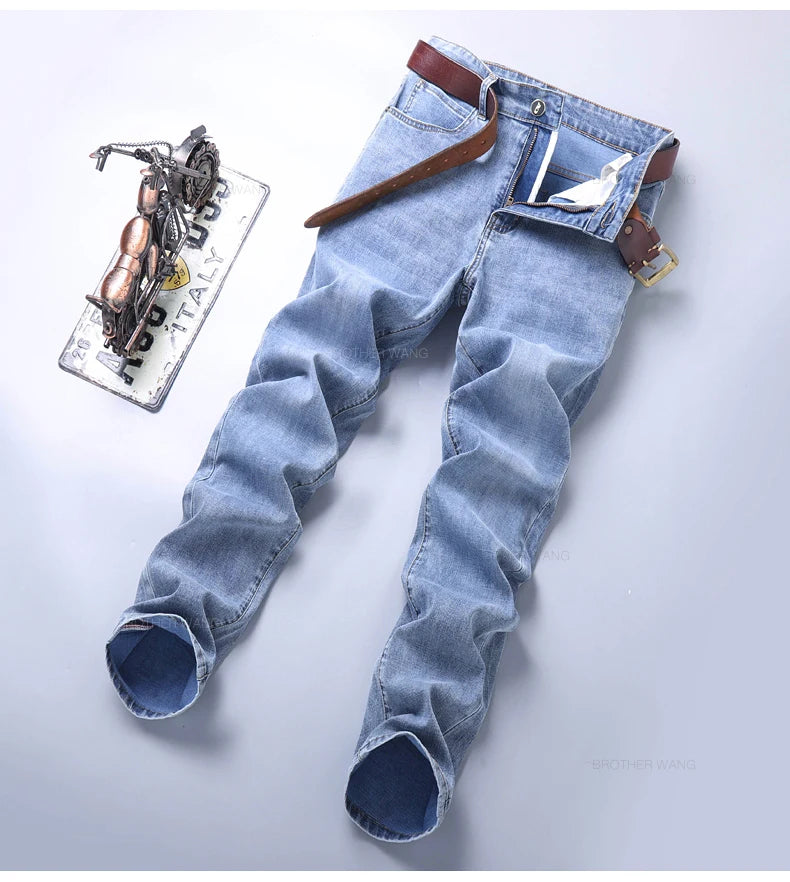 Spring Men's Light Blue Slim Jeans Stylish Casual Stretch Fabric Denim Pants Classic Trousers Smoke Gray - Tasawoq