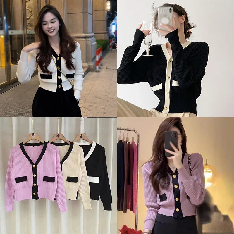 Women's Korean Version Sweater jacket V-neck Knitted Long Sleeved Cardigan Jacket - Tasawoq