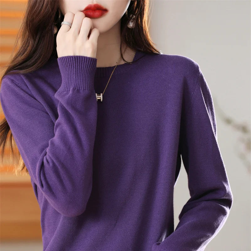 Women's 100% High-quality Cotton Knitted Sweater, Temperament Round Neck Top, Breathable And Versatile Pullover, Long Sleeved - Tasawoq