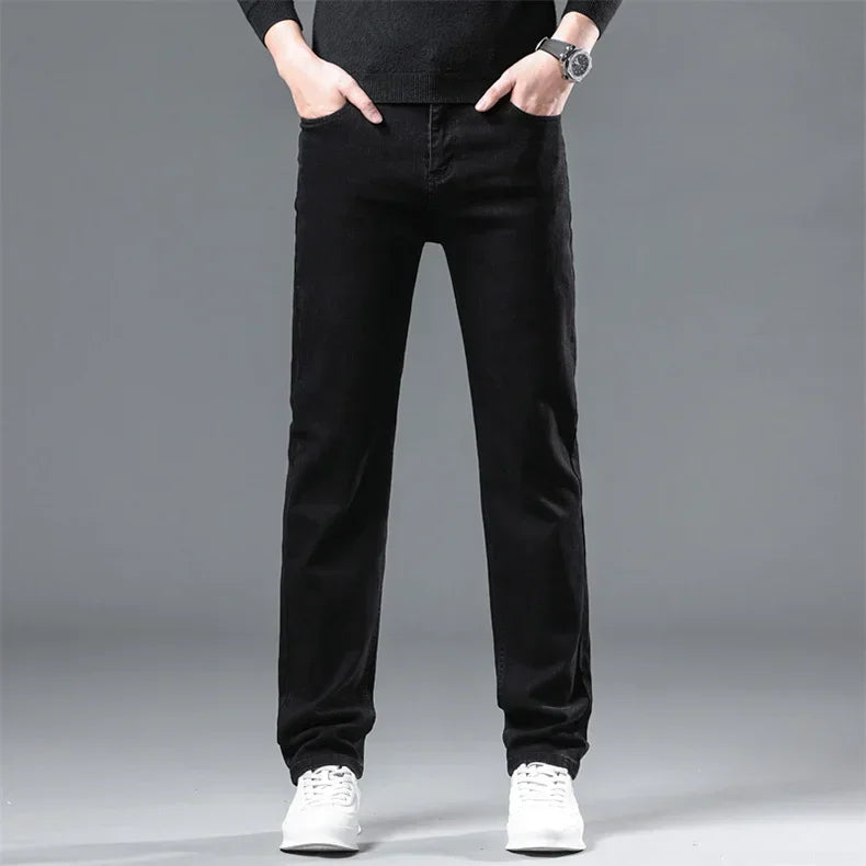 WTHINLEE Winter Men Black Straight Stretch Denim Thick Velvet Pants Warm Jeans Casual Fleece Line Trousers Male Plus Size - Tasawoq