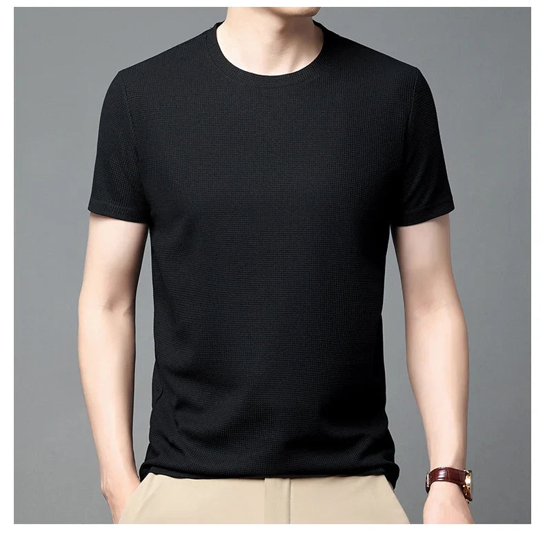 New Summer Waffle Round Neck Short Sleeved T-shirt for Men's Short Sleeved Top - Tasawoq