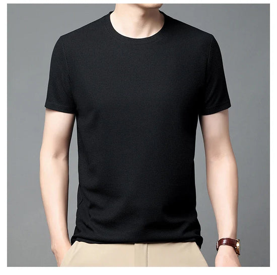 New Summer Waffle Round Neck Short Sleeved T-shirt for Men's Short Sleeved Top - Tasawoq