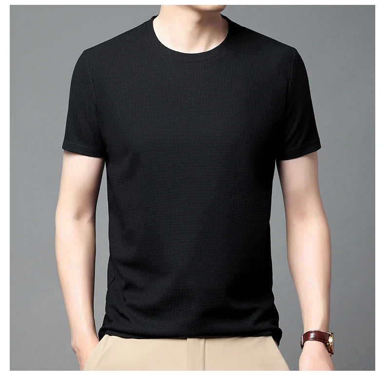 New Summer Waffle Round Neck Short Sleeved T-shirt for Men's Short Sleeved Top - Tasawoq