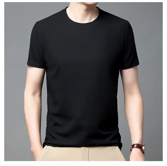 New Summer Waffle Round Neck Short Sleeved T-shirt for Men's Short Sleeved Top - Tasawoq
