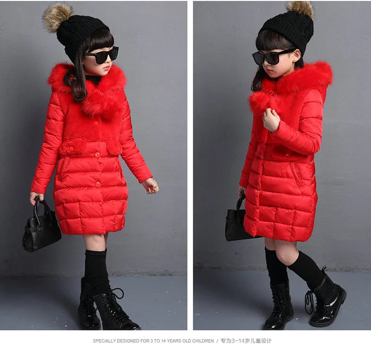 2024 Winter Warm Jackets for Girls Fashion Fur Hooded Children Girls Waterproof Outwear Kids Cotton Lined Parkas - Tasawoq