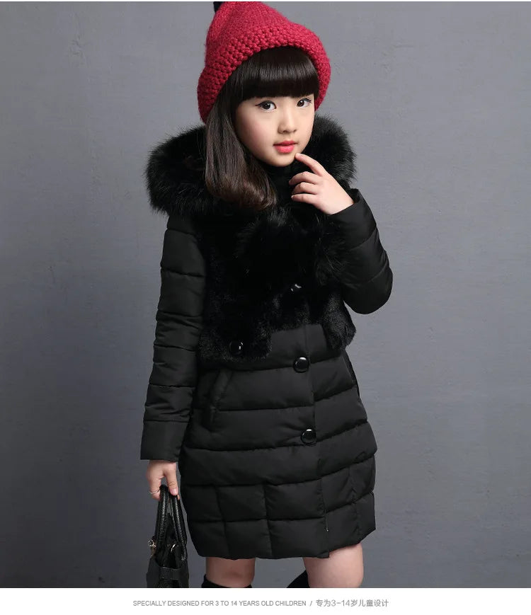 2024 Winter Warm Jackets for Girls Fashion Fur Hooded Children Girls Waterproof Outwear Kids Cotton Lined Parkas - Tasawoq