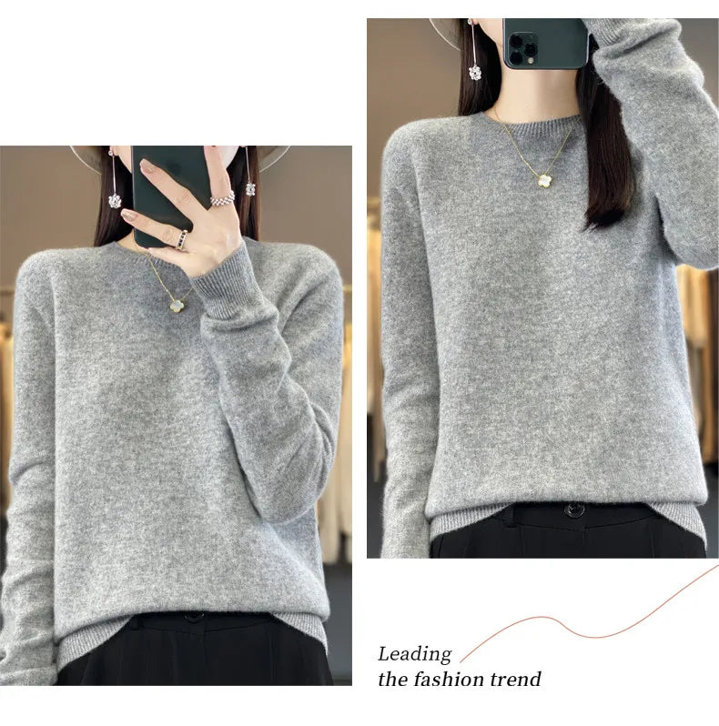 Women's 100% Beautiful Wool Round Neck Top Fashion Versatile Knitted Loose Long Sleeve Pullover Thin Sweater Yuan Ling - Tasawoq