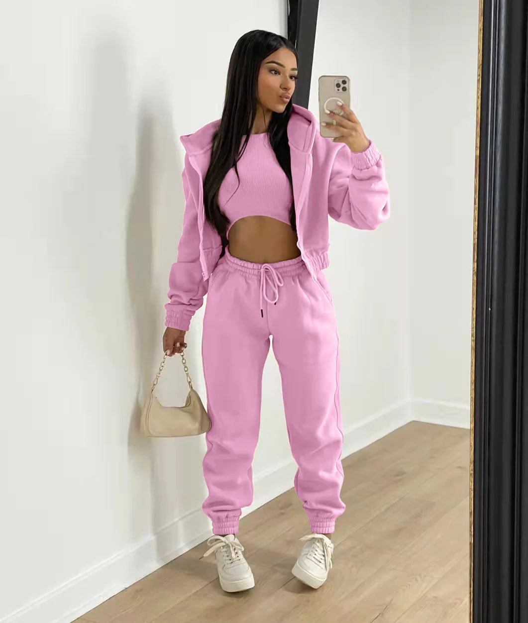 3pcs Women's Clothing Set Fleece-lined Hooded Sweater &Sleeveless Tank Top & Sports Sweatpants Pants - Tasawoq