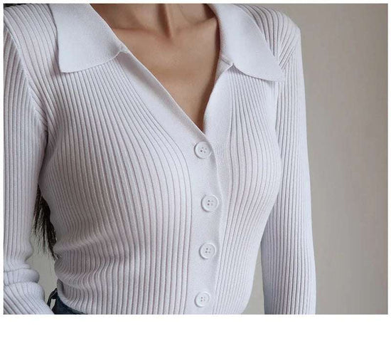 AOSSVIAO 2025 Ladies Buttons Sexy V Neck Long Sleeve POLO Neck Knit Cardigan Sweater Women Lapel Slim Tops - Tasawoq