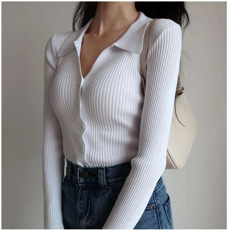 AOSSVIAO 2025 Ladies Buttons Sexy V Neck Long Sleeve POLO Neck Knit Cardigan Sweater Women Lapel Slim Tops - Tasawoq