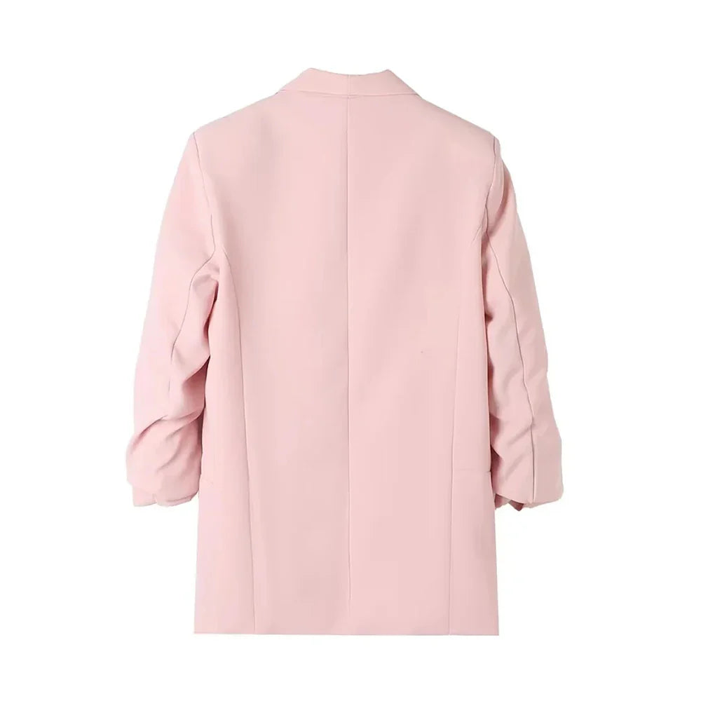 TRZA Women Fashion Office Wear Open Blazer Coat Vintage Long Pleated Sleeves Flap Pockets Female Outerwear Chic Tops - Tasawoq