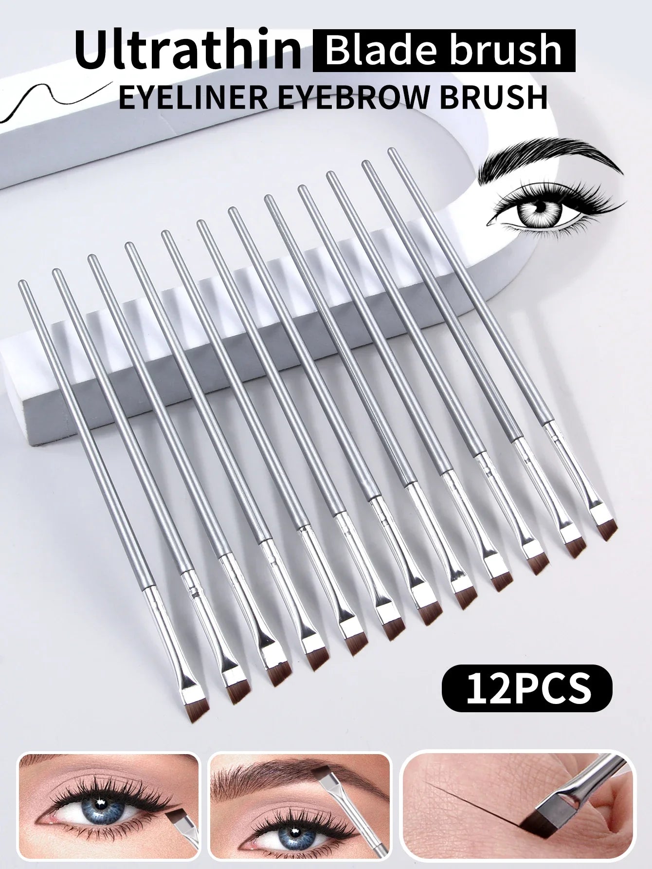 12pcs silvery Super Thin Blade Eyeliner Brush & Soft Makeup Brush Set, Portable Eyebrow Brush & Multipurpose Cosmetic Tool - Tasawoq