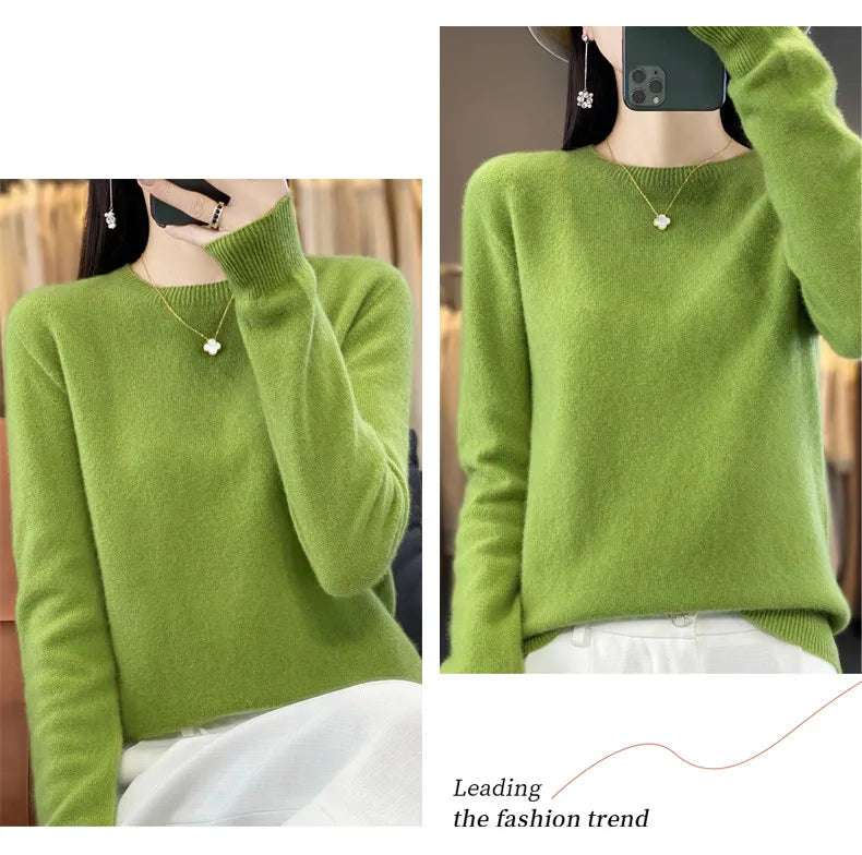Women's 100% Beautiful Wool Round Neck Top Fashion Versatile Knitted Loose Long Sleeve Pullover Thin Sweater Yuan Ling - Tasawoq