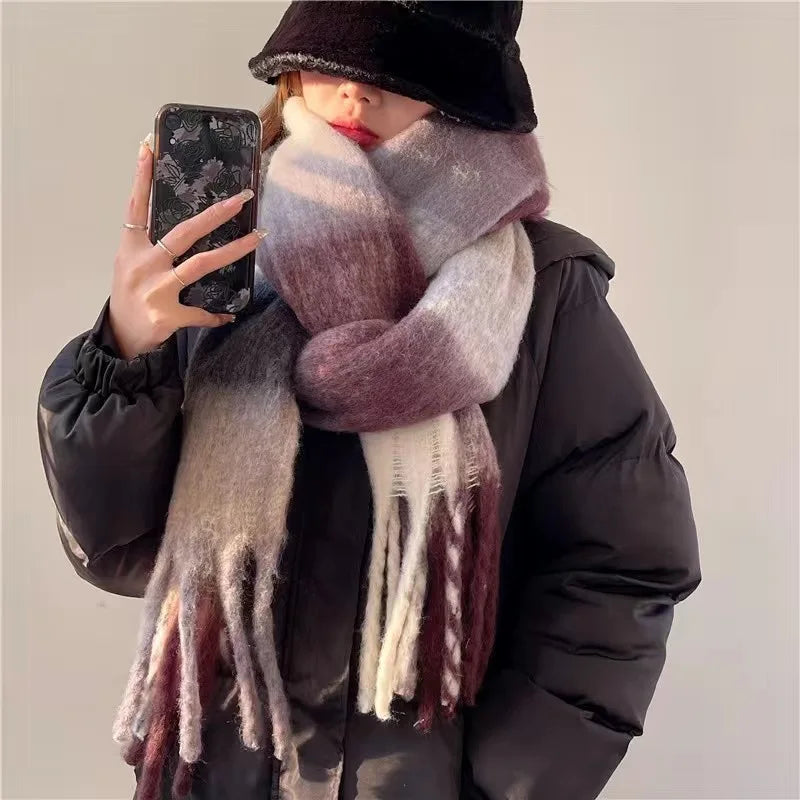 2025 Winter Thick Warm Scarf Women Cashmere Shawl and Wraps Pashmina Neckerchief Bufanda Female Rainbow Hairy Tessel Echarpe New - Tasawoq