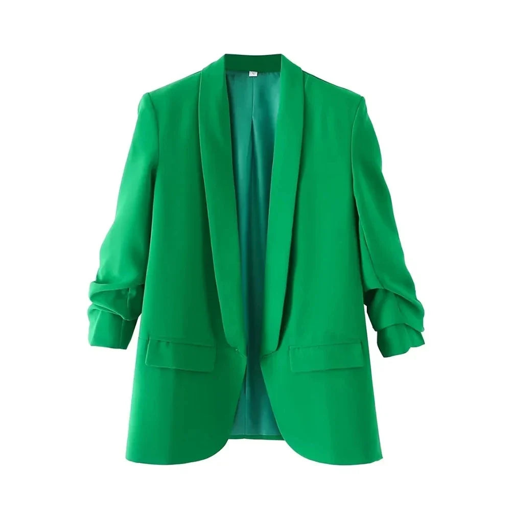 TRZA Women Fashion Office Wear Open Blazer Coat Vintage Long Pleated Sleeves Flap Pockets Female Outerwear Chic Tops - Tasawoq