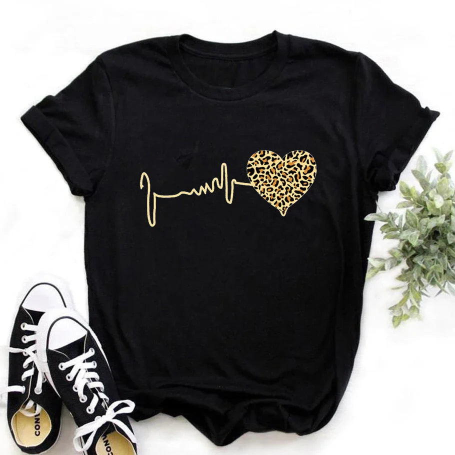 Summer New 90 's Leopard Heartbeat Short Sleeve Print Clothing Women's T-Shirt Harajuku Graphic Clothing Women's Top,Drop Ship - Tasawoq