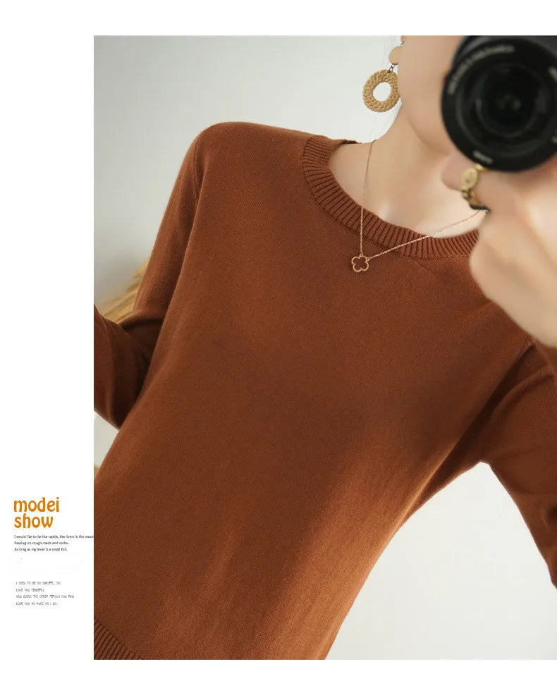 Women's 100% High-quality Cotton Knitted Sweater, Temperament Round Neck Top, Breathable And Versatile Pullover, Long Sleeved - Tasawoq
