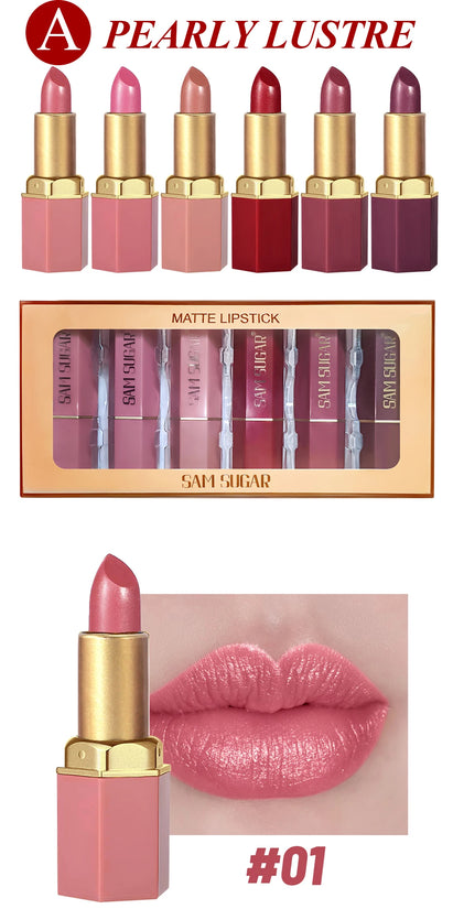 6 Colors Gold Bar Tube Lipstick Matte Texture Pearlescent Glitter Velvet Lipstick Valentine's Day Gift 6PCS - Tasawoq