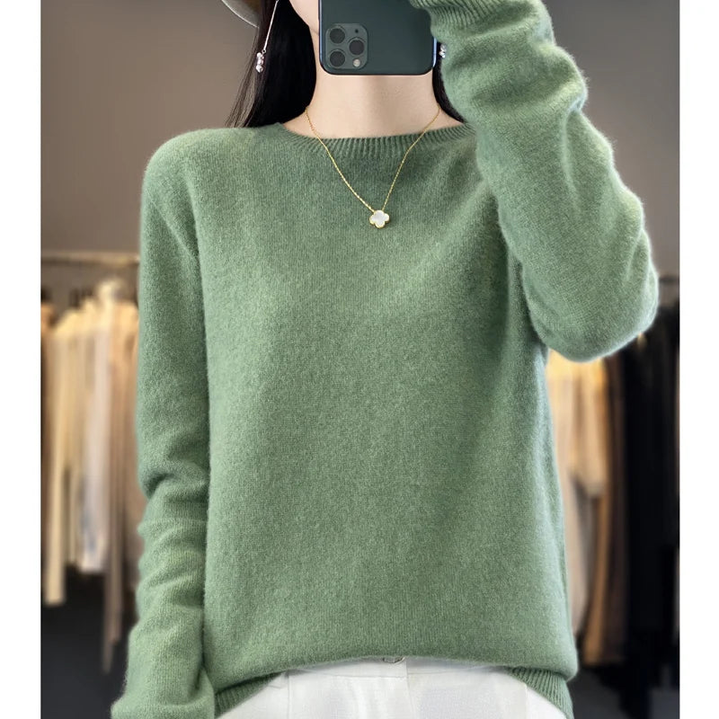 Women's 100% Beautiful Wool Round Neck Top Fashion Versatile Knitted Loose Long Sleeve Pullover Thin Sweater Yuan Ling - Tasawoq