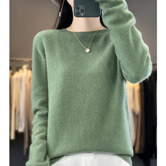 Women's 100% Beautiful Wool Round Neck Top Fashion Versatile Knitted Loose Long Sleeve Pullover Thin Sweater Yuan Ling - Tasawoq