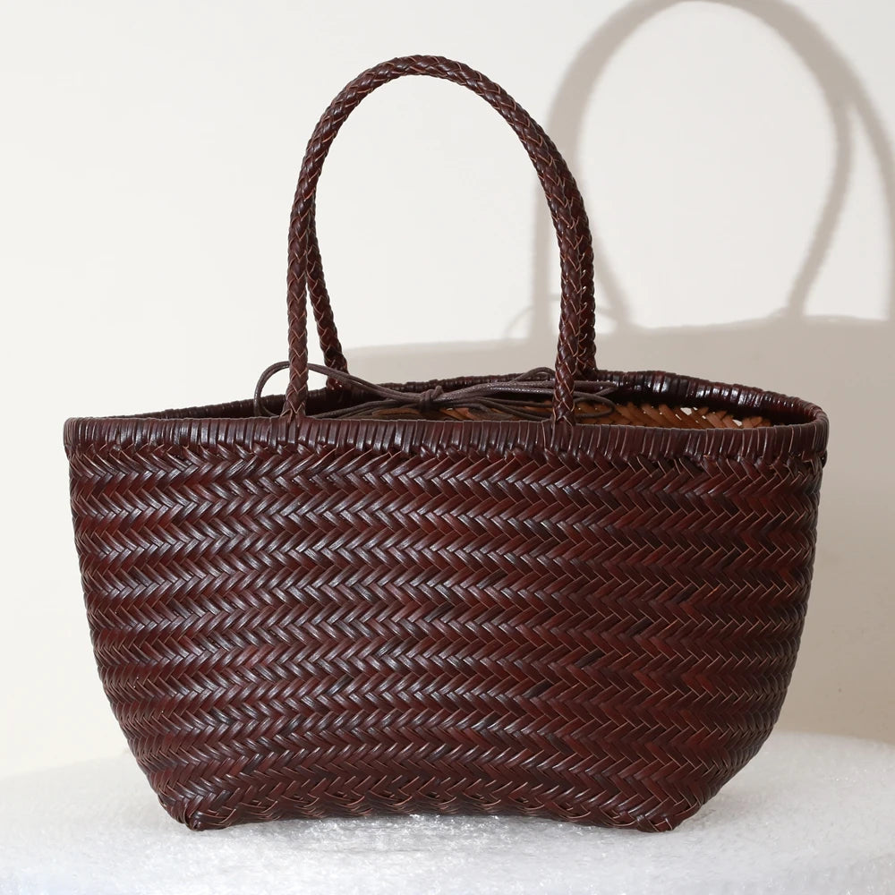Handbags Women's Genuine Leather Shoulder Bag Weaving Casual Shopping Bag Vintage Big Tote Purse Cowhide Cross Hand Bags Lady - Tasawoq