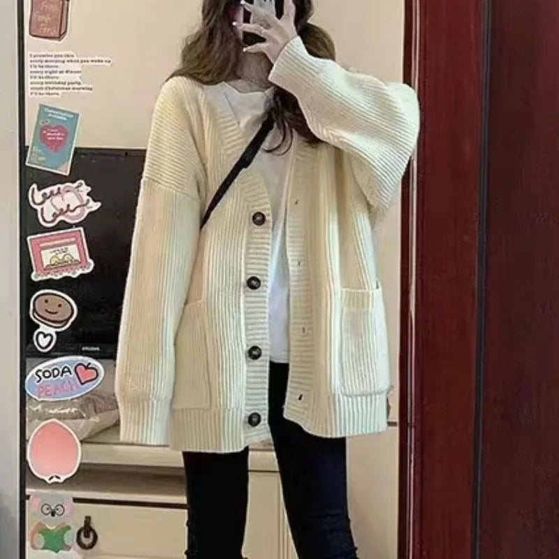 Autumn Winter Women Cardigan Sweater Coats Fashion Female Long Sleeve V-neck Loose Knitted Jackets Casual Sweater Cardigans - Tasawoq