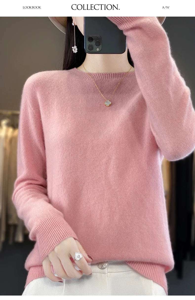 Women's 100% Beautiful Wool Round Neck Top Fashion Versatile Knitted Loose Long Sleeve Pullover Thin Sweater Yuan Ling - Tasawoq