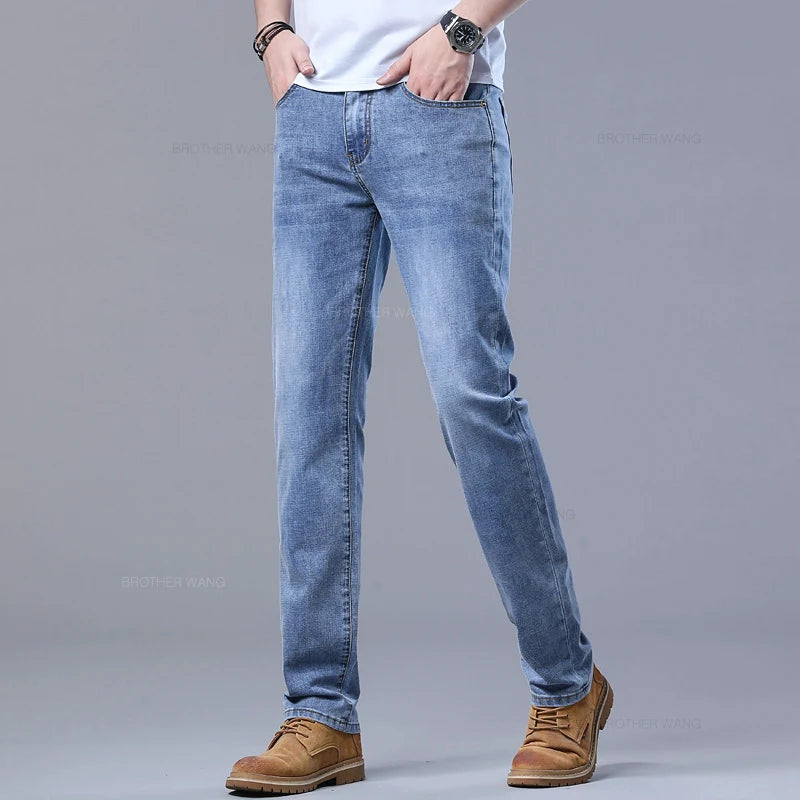 Spring Men's Light Blue Slim Jeans Stylish Casual Stretch Fabric Denim Pants Classic Trousers Smoke Gray - Tasawoq
